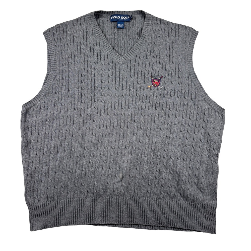 Vintage Polo Golf Sweater Vest Mens XL Grey Cable Knit V-Neck Crest Made in USA
